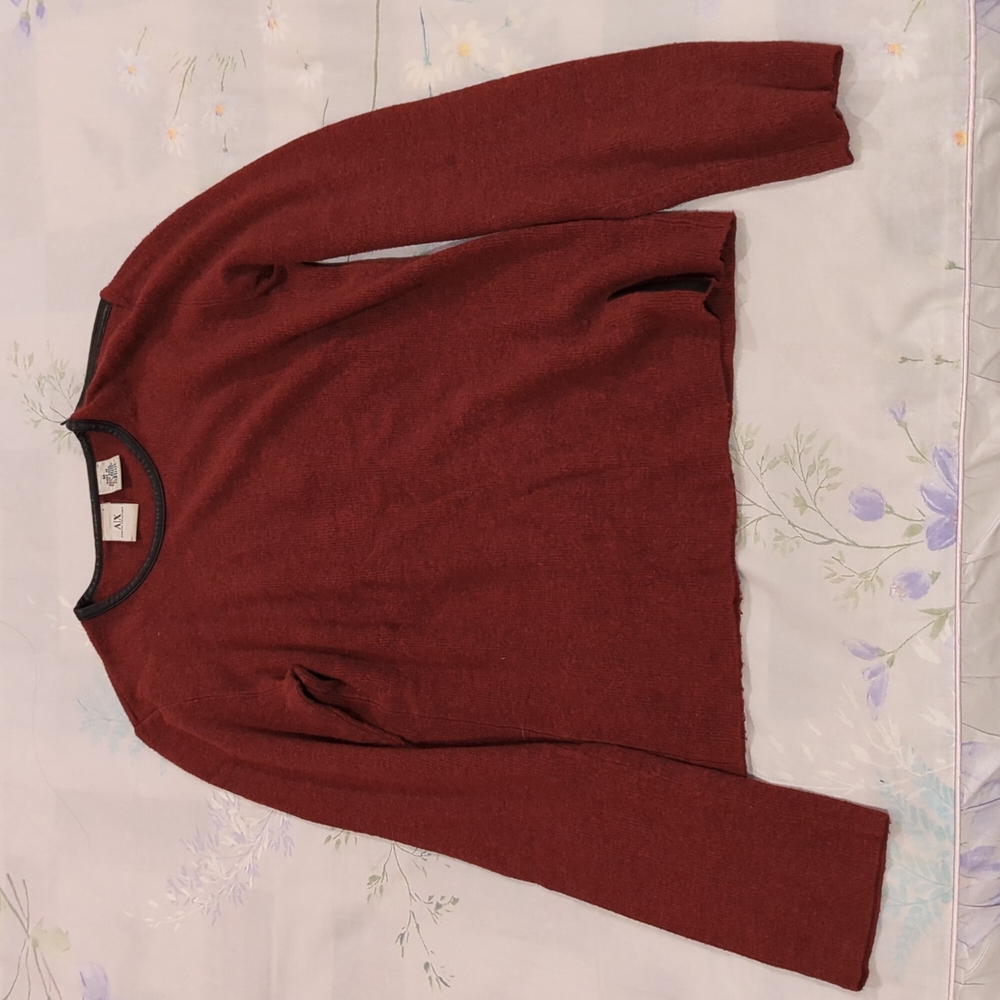 Armani exchange red long sleeve shirt with faux leather trim along collar